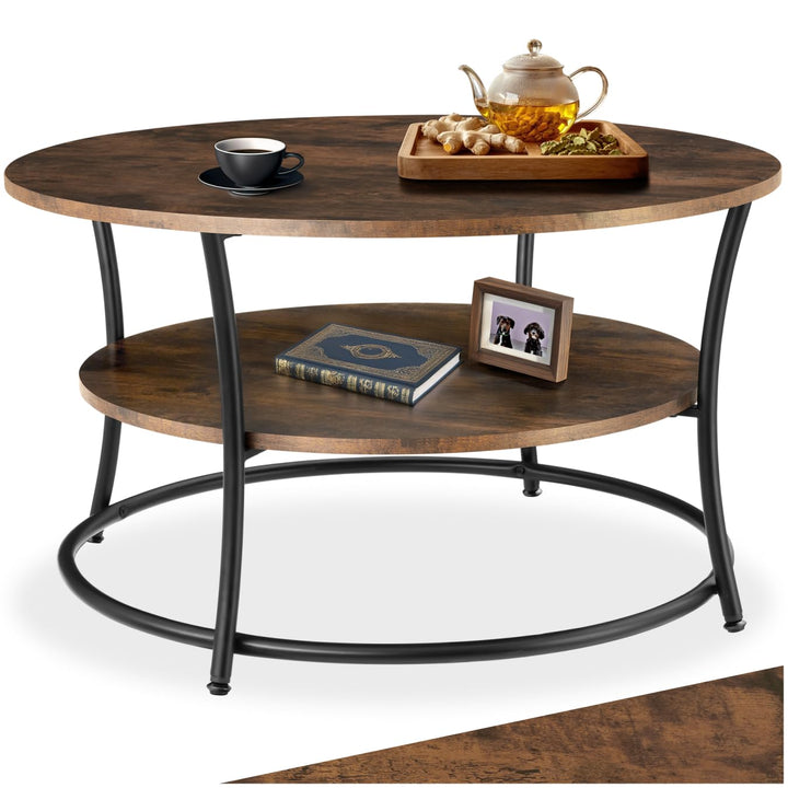 tectake® Tisch rund, 2 Ablagen, Wohnzimmertisch Ø 80, Couchtisch mit Stauraum, Beistelltisch Holz un