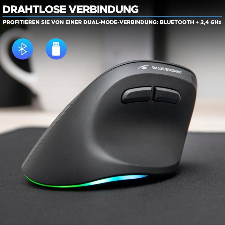 Bluestork - Ergonomische Vertikale Kabellose Maus 4800 DPI RGB Links | Kabellos 2.4GHz &amp; Bluetooth,