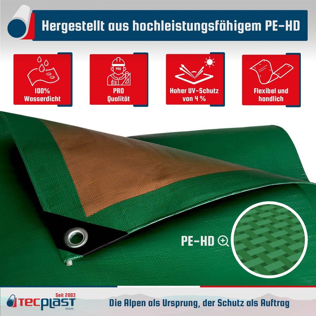 Schutzplane 4x5 m - TECPLAST 250MU - Grün und Braun - Hohe Leistung - wasserdichte Plane - Anti UV-b