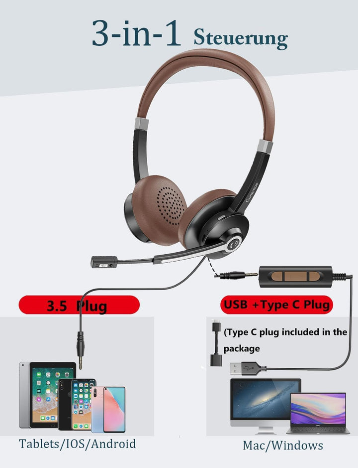 USB Headset mit Mikrofon, Geräuschunterdrückung, Stereoklang, Lautstärkeregelung, 3,5 mm/USB-A/USB-C