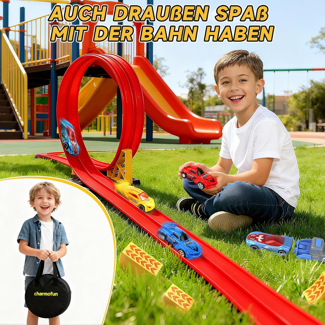 Flexible Rennbahn Kinder 5M, Autorennbahn für Kinder mit 4 Autos, Aufbewahrungstasche, Katapult, Ren