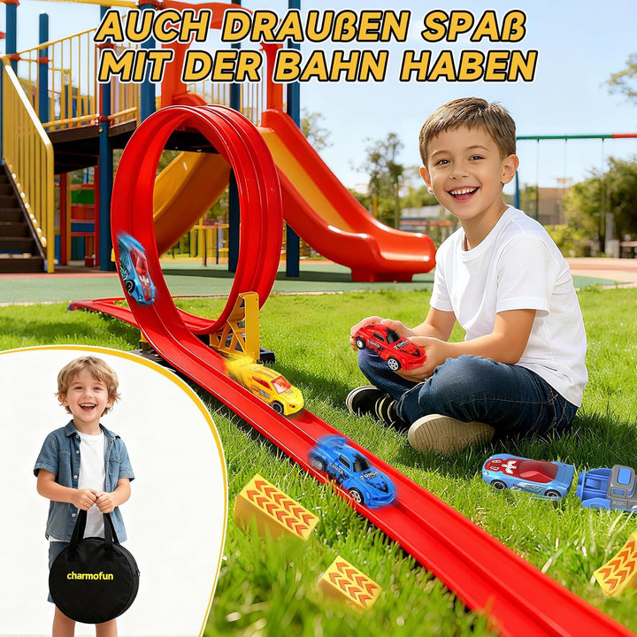 Flexible Rennbahn Kinder 5M, Autorennbahn für Kinder mit 4 Autos, Aufbewahrungstasche, Katapult, Ren