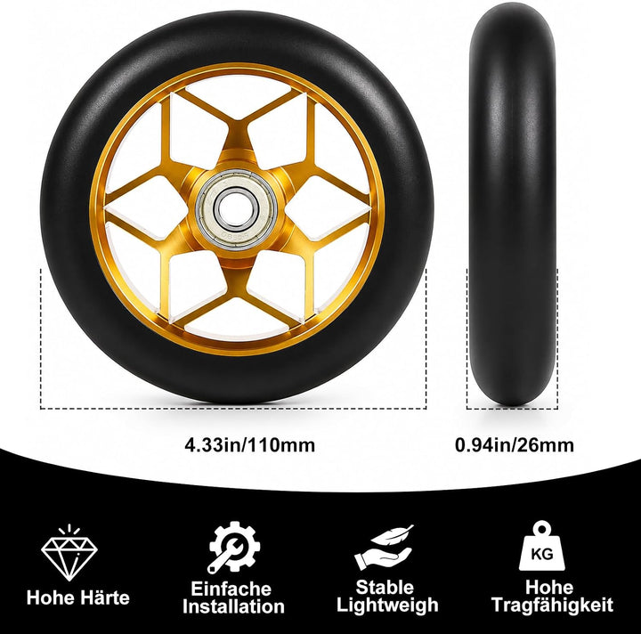 2 Stück Stunt Scooter Reifen 110mm - Ersatzräder für Stuntscooter &amp; Kickroller, Thickened PVC Roller
