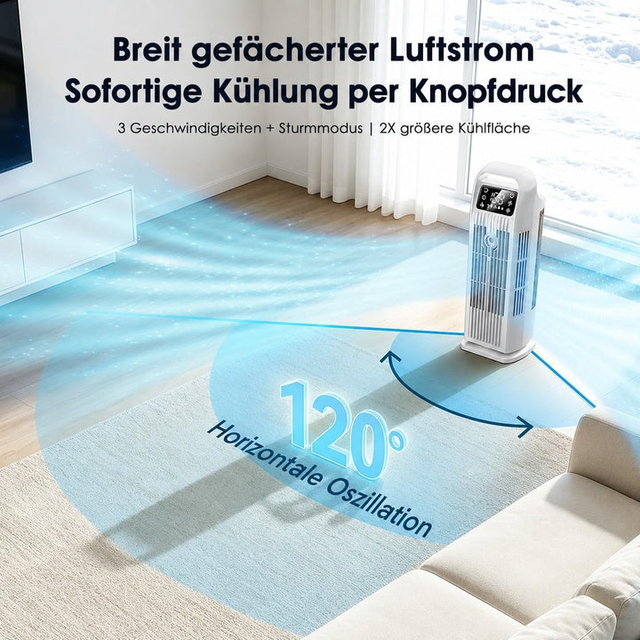 Mobile Klimaanlage ohne Abluftschlauch 6-in-1, Luftkühler mit Wasserkühlung & 1200ml Tank, 7m/s Turb