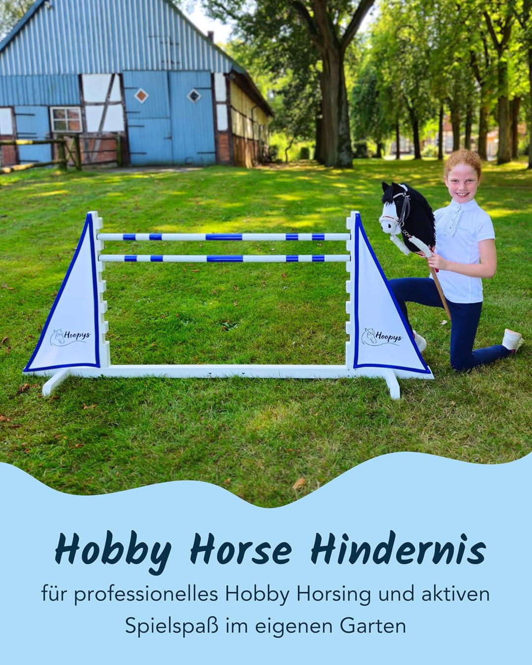 Hobby Horse Hindernis aus Holz - blau - mit zwei Sprung Stangen - Steckenpferd Spielzeug für den Gar