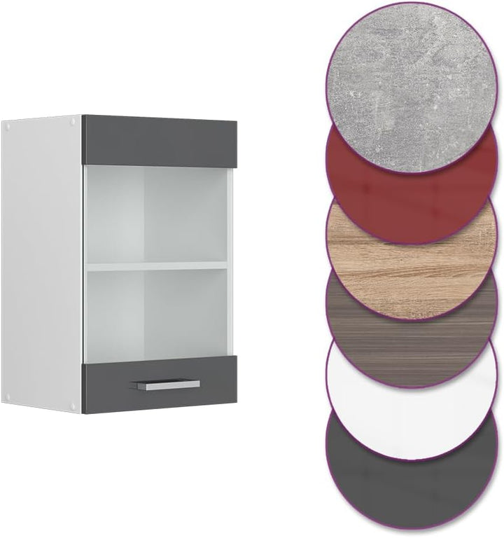 Vicco Küchenschrank Glas R-Line, Anthrazit Hochglanz/Weiss, 40 cm Anthrazit Hochglanz Hängeglasschra