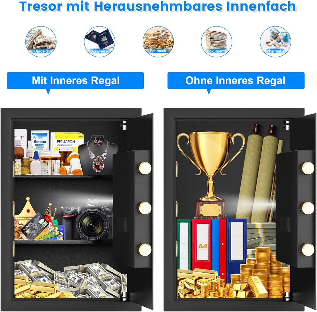 65L Grosser Feuerfester Tresor Safe mit Feuersichere Dokumententasche, Digitaler Möbeltresore mit 2