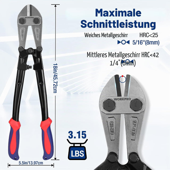 WORKPRO Bolzenschneider, Bi-Material-Griff mit weichem Gummigriff, 45,7 cm, Chrom-Molybdän-Stahlklin