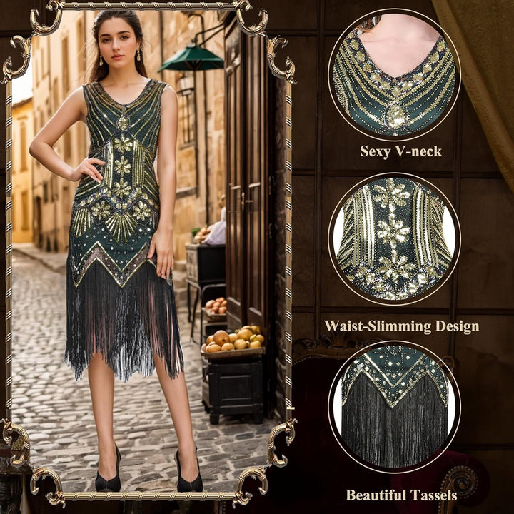 FEPITO 1920er Jahre V-Ausschnitt Pailletten Perlen Fransen Kleid mit 20er Jahren Zubehör Set Green（s