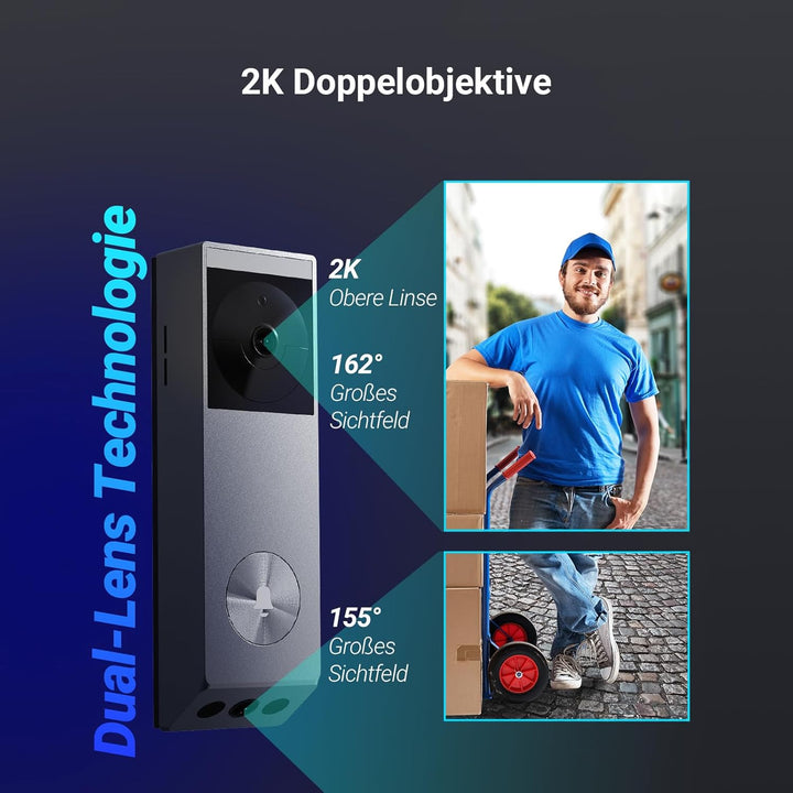 EZVIZ Video Türklingel mit 2K &amp; 1080p Doppelkamera, Kabellose Türklingel mit Solarpanel, Personenerk