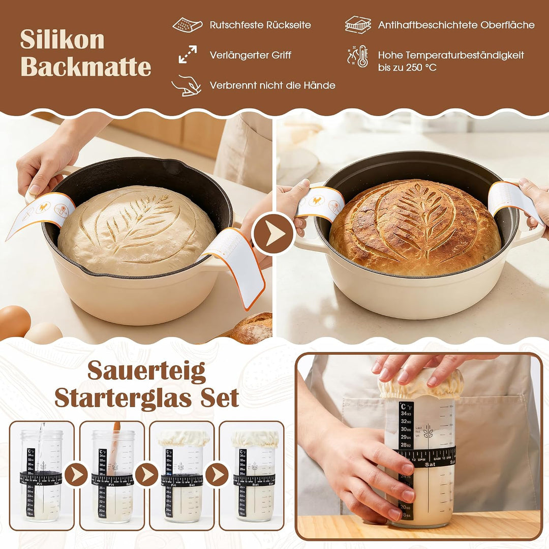 VIcus Sauerteig Starter Set, Gärkörbchen Rund & Oval, Brotbackzubehör Für Sauerteigbrot, Komplettes