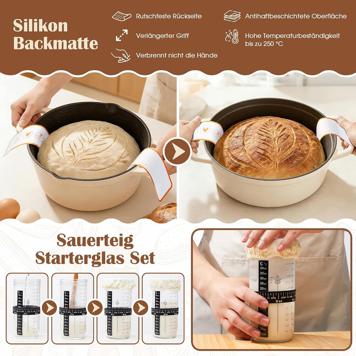 VIcus Sauerteig Starter Set, Gärkörbchen Rund & Oval, Brotbackzubehör Für Sauerteigbrot, Komplettes
