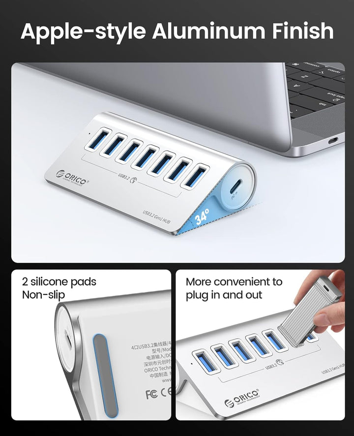 ORICO USB C Hub, 7-Port Aluminium USB Splitter, 5Gbps USB Hub mit 0.5m USB C Kabel und USB A Adapter