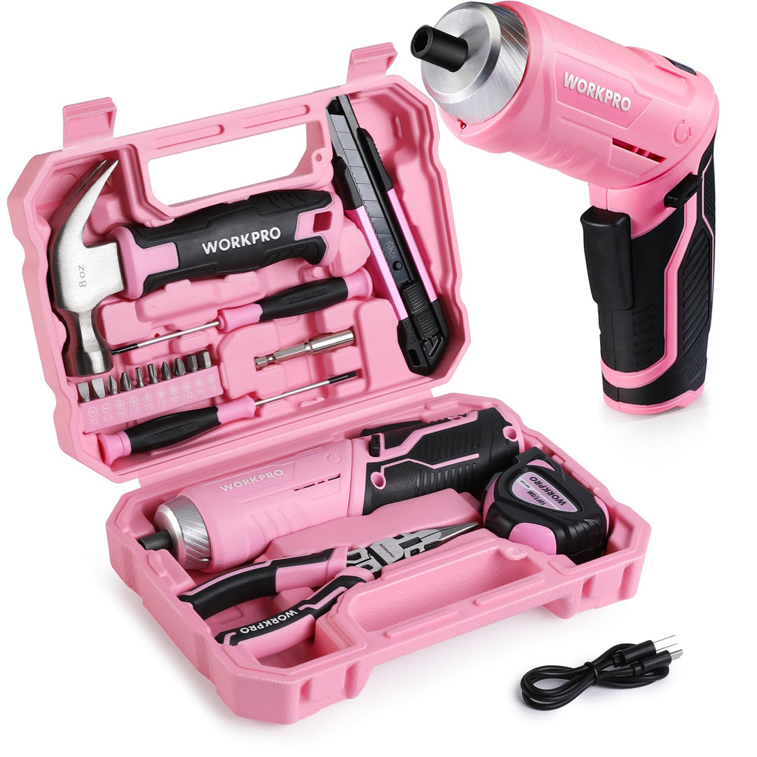 WORKPRO Werkzeugset Rosa pink 18 tlg. mit USB C Akkuschrauber klein, pinker Werkzeugkoffer gefüllt H