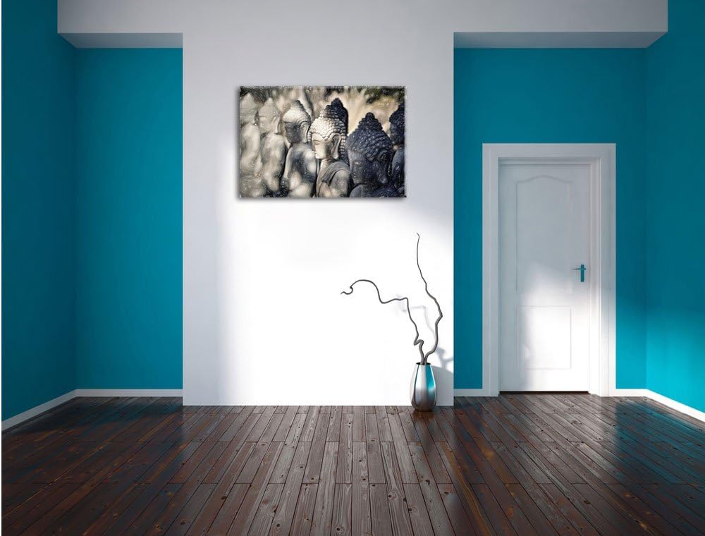 Pixxprint Meditierende Buddha-Statuen in Einer Reihe Kunst Buntstift Effekt, Format: 100x70 auf Lein