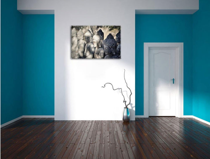 Pixxprint Meditierende Buddha-Statuen in Einer Reihe Kunst Buntstift Effekt, Format: 100x70 auf Lein