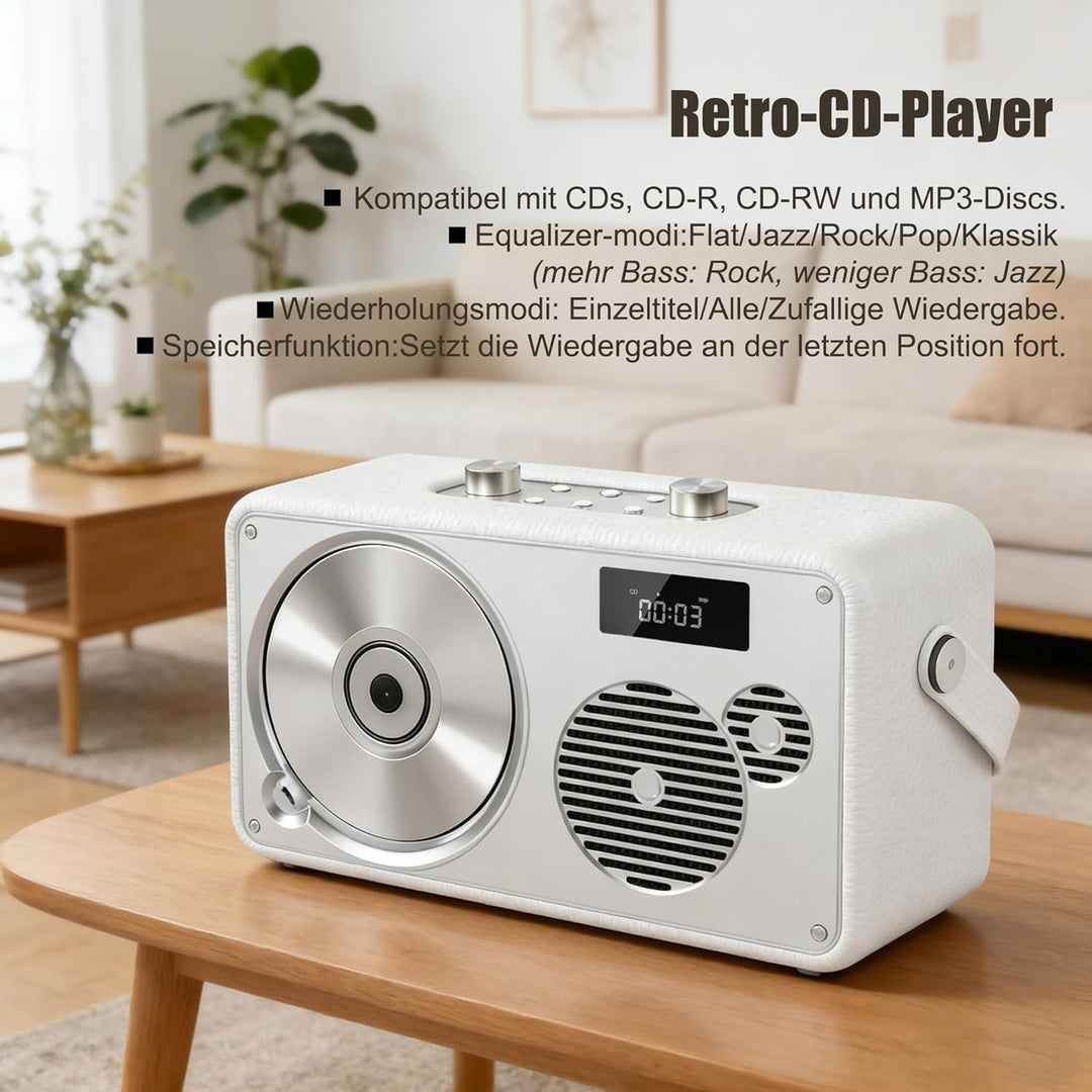 CD Player Tragbar mit Bluetooth, UKW Radio, 2000mAh wiederaufladbare Akku, MP3-Wiedergabe/USB/AUX-Ei