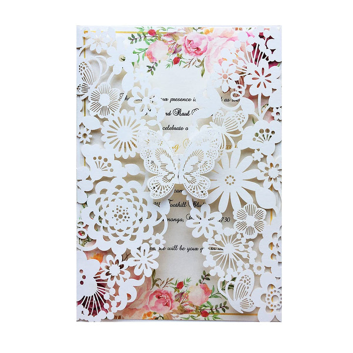 Hosmsua 20x Elfenbeinfarbener Laserschnitt Spitze Flora Hochzeit Einladungskarten mit Schmetterling