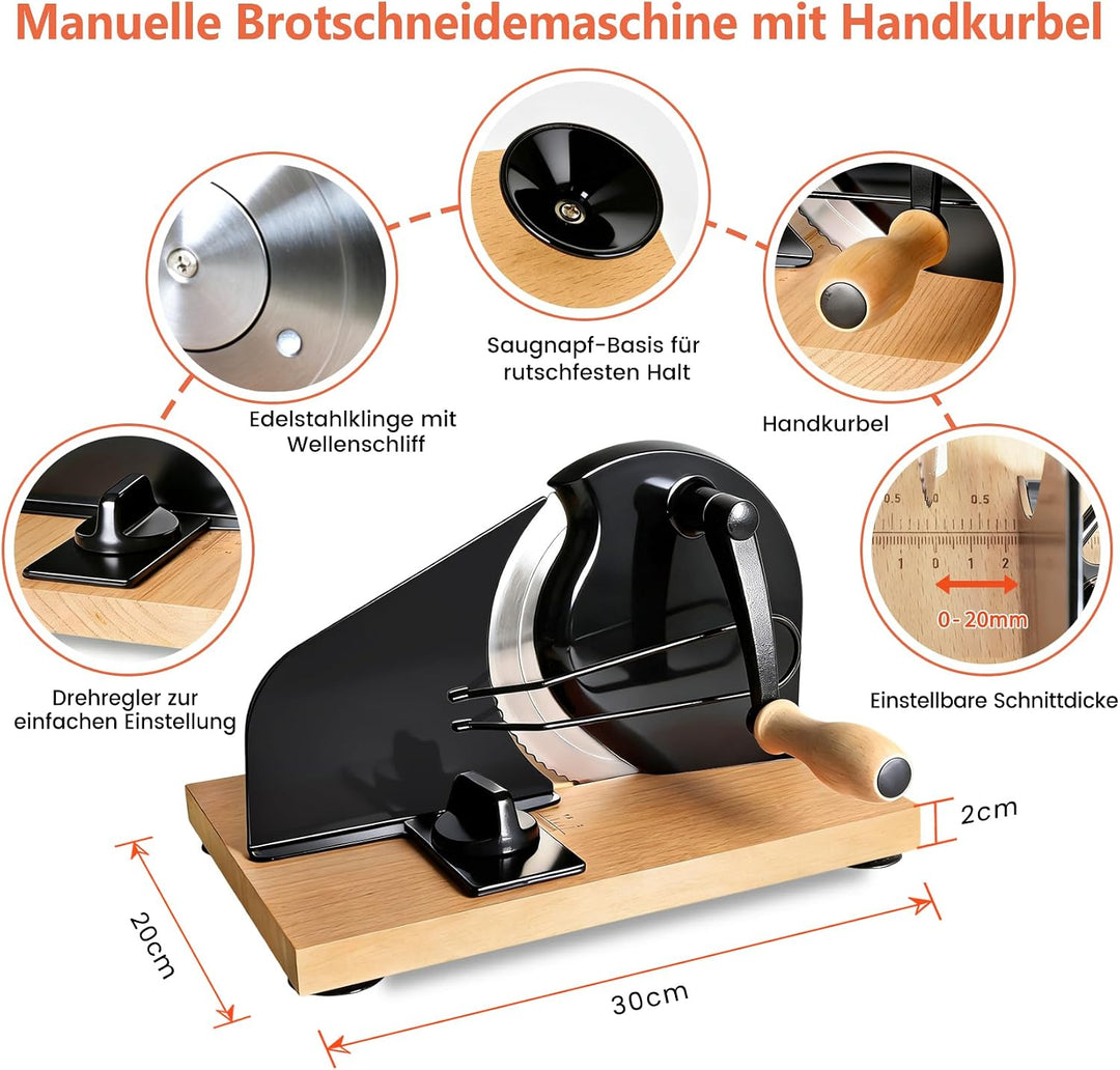Manuelle Brotschneidemaschine mit Handkurbel | Scheibendicke stufenlos wählbar 1–20 mm | Edelstahlkl