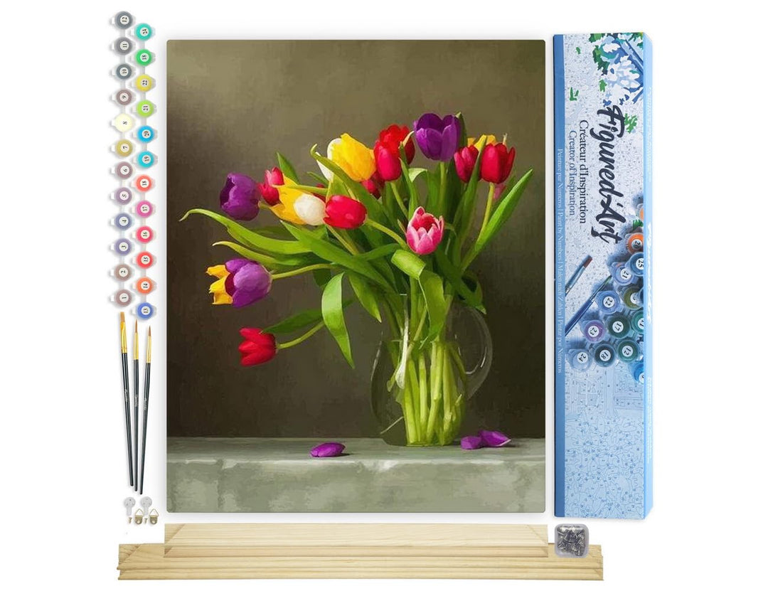 Figured'Art Malen Nach Zahlen Erwachsene Mit Rahmen Bunte Tulpen - Paint by Numbers Basteln DIY Bast