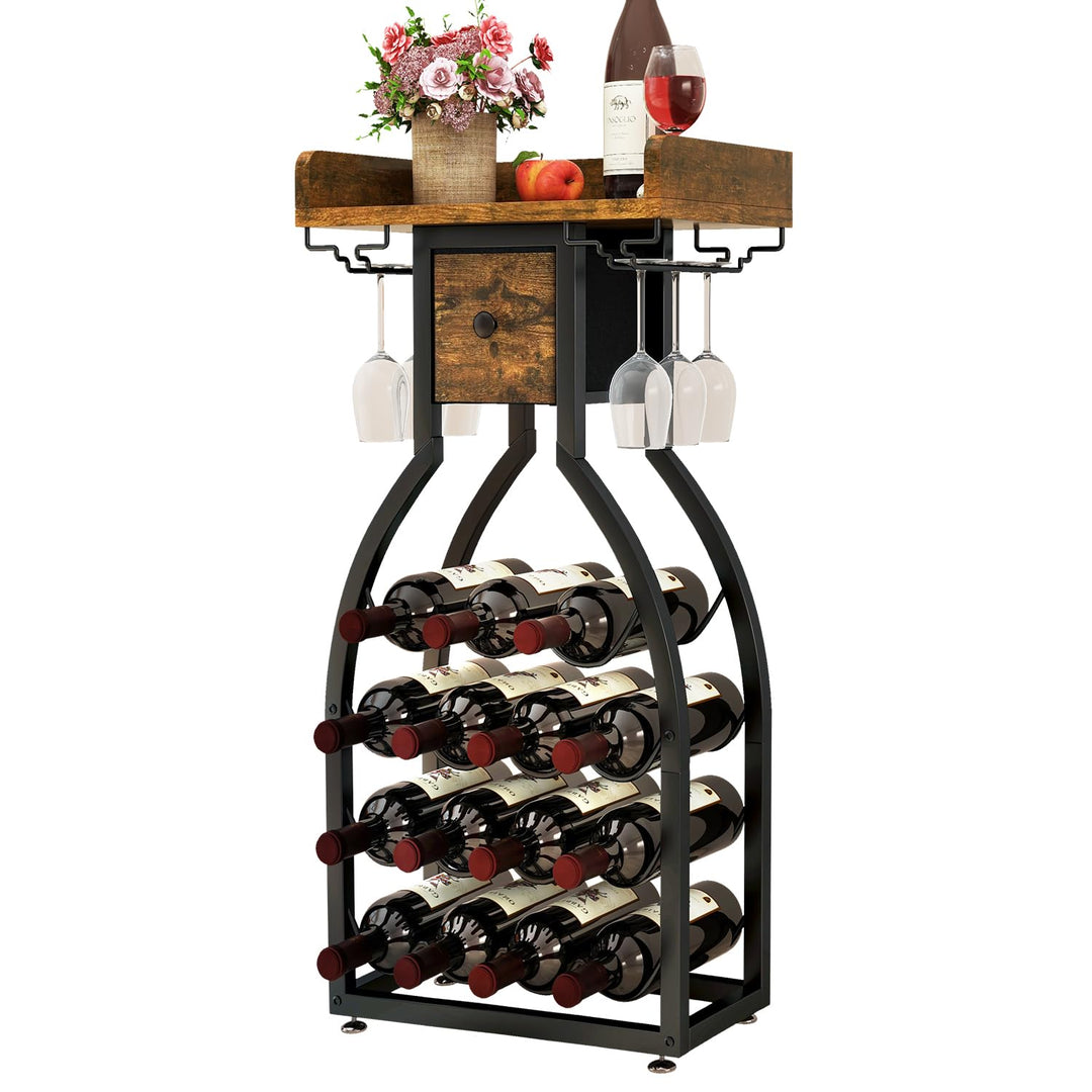 IBUYKE Weinregal Freistehend für 15 Flaschen,Flaschenregal mit Glashaltern und Speicher Schublade,Mi