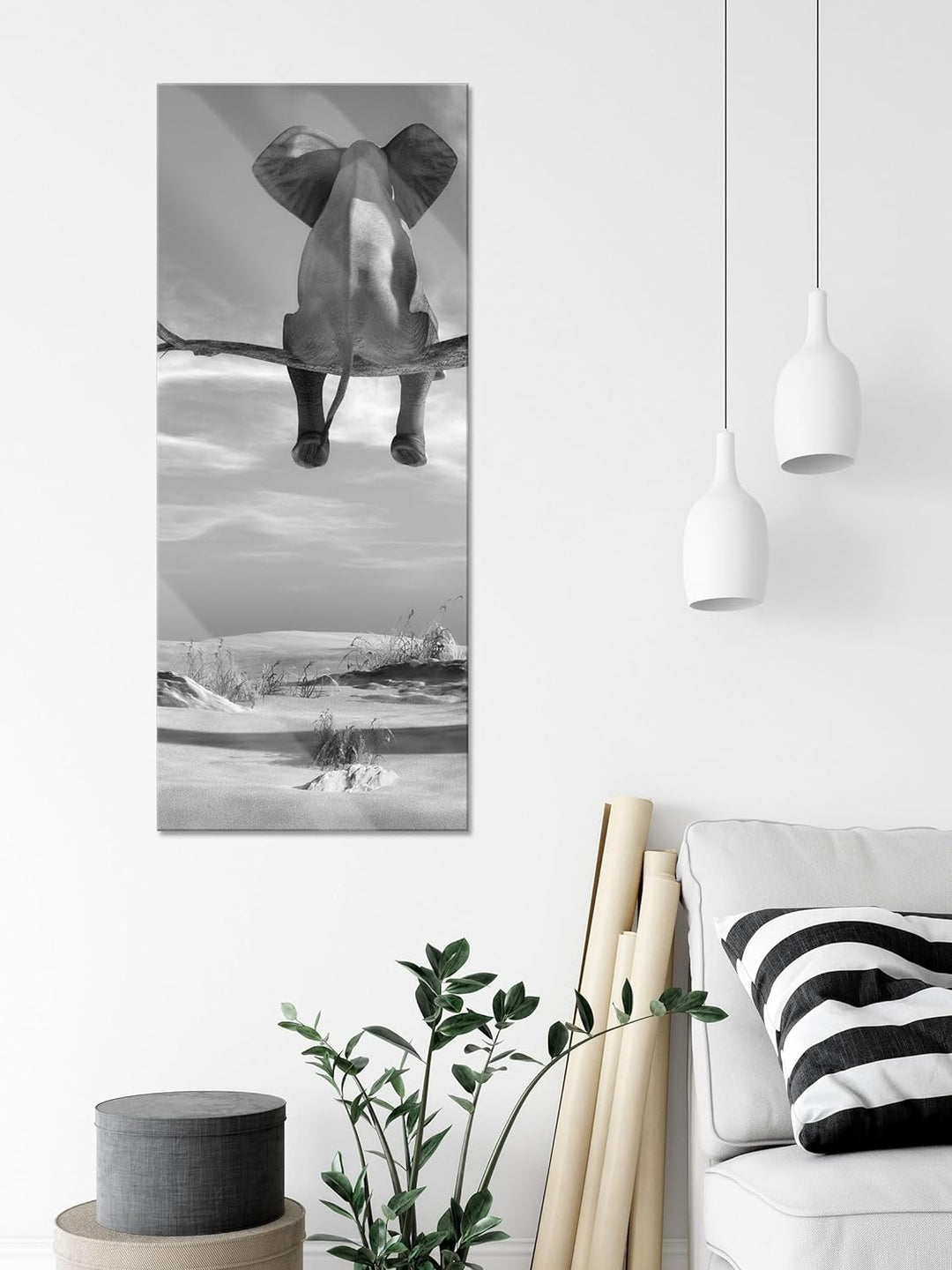 Glasbild Panorama | Wandbild aus Echtglas | Elefant auf einem Ast in der Wüste | 100x40 cm | inkl. A