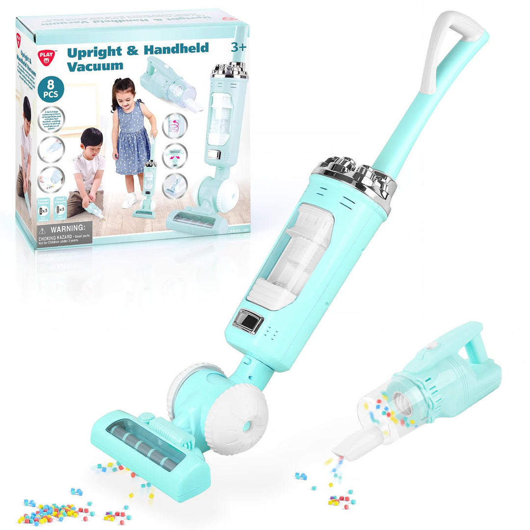 PLAY 2 in 1 Kinder Staubsauger Set, Elektrischer Staubsauger Spielzeug mit Eva-Granulat, Saugen und