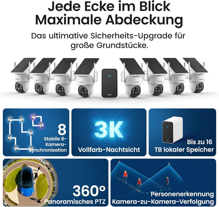 aosu 3K Überwachungskamera Aussen Solar Akku, 8 Cam-Kit &amp; aosuCortex, Kein ABO, 5MP UHD, 32GB Lokal