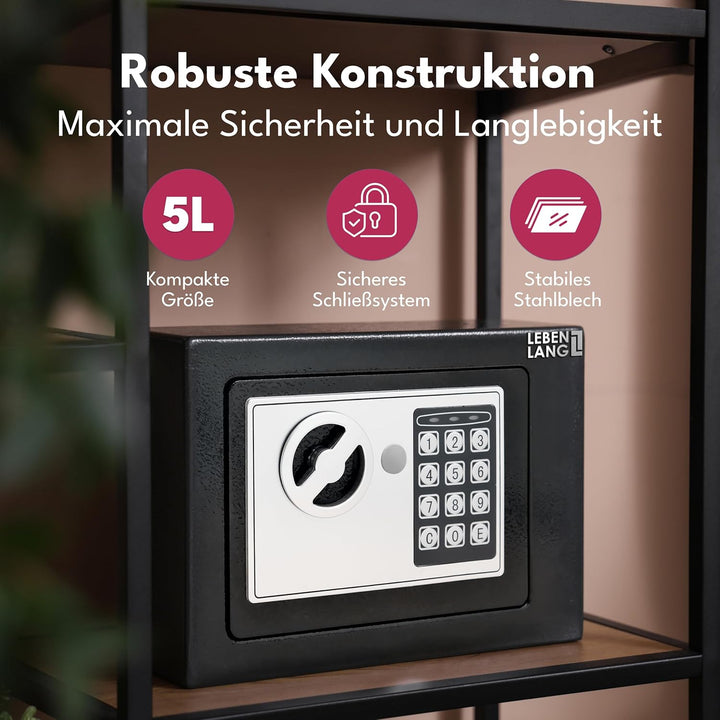 LEBENLANG 5L Safe Tresor für Zuhause - Inkl. Feuerfester Dokumententasche & Notschlüssel I Schranktr