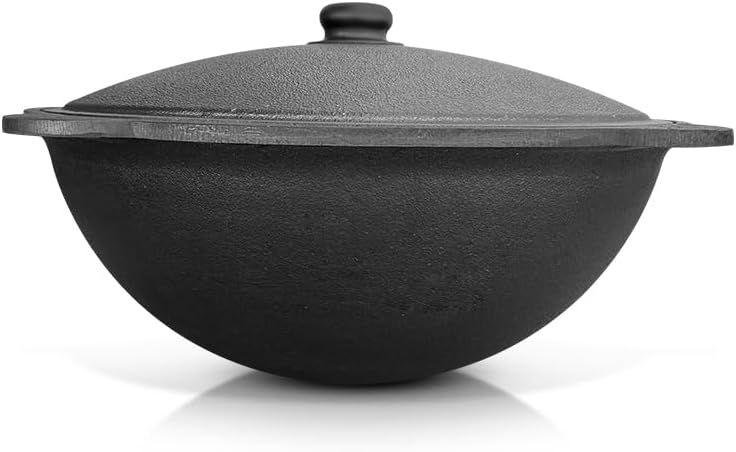 Set - Usbekischer Gusseisen Kasan 10 L runder Boden, Deckel aus Aluminiumguss Schaumlöffel 48 cm Sch