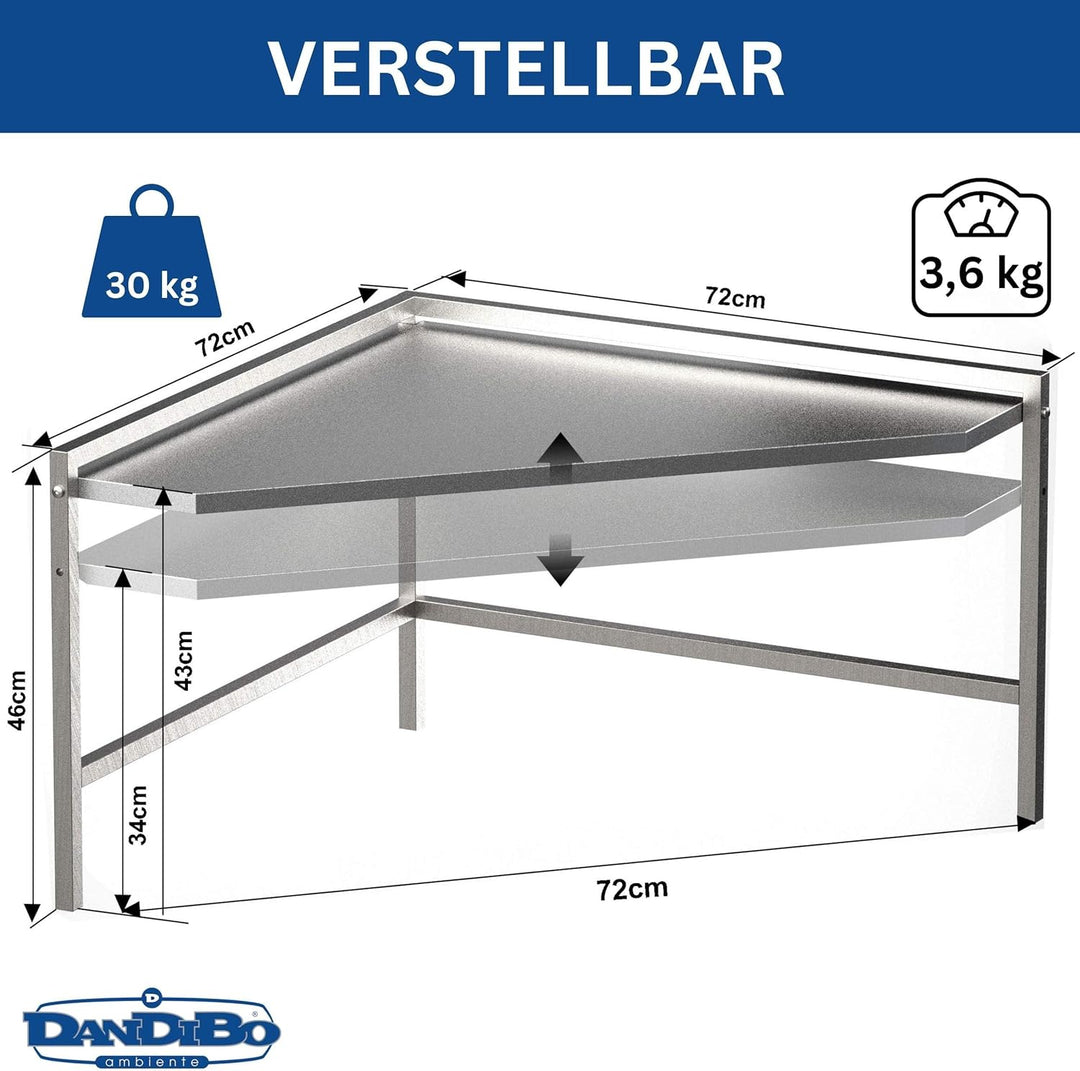 DanDiBo Eckregal Küche Arbeitsplatte Küchenregal 72x72 cm Mikrowellenregal Edelstahl 2 Stufig 96690