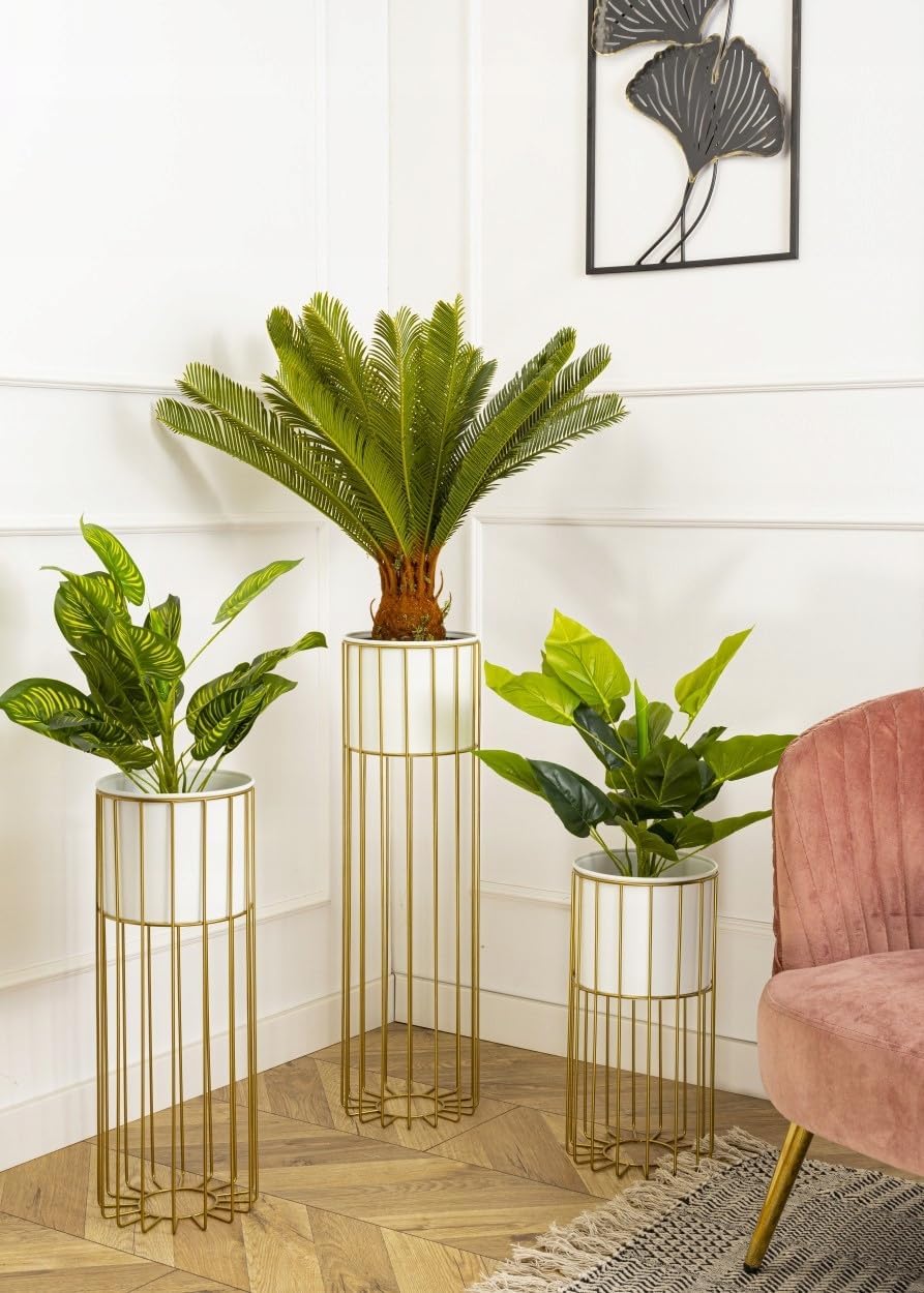 HowHomely Moderne Blumenständer Metall 70 cm Hoch mit Weiss Blumentopf Rund 19 cm Ø auf Robuste Gold