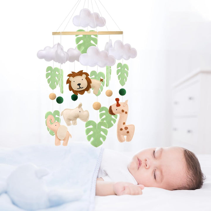 Waldtiere Mobile Baby Windspiele, 3D Löwe, Giraffe, Elefant, Nashorn, Grünes Blatt Mobile Baby Holz