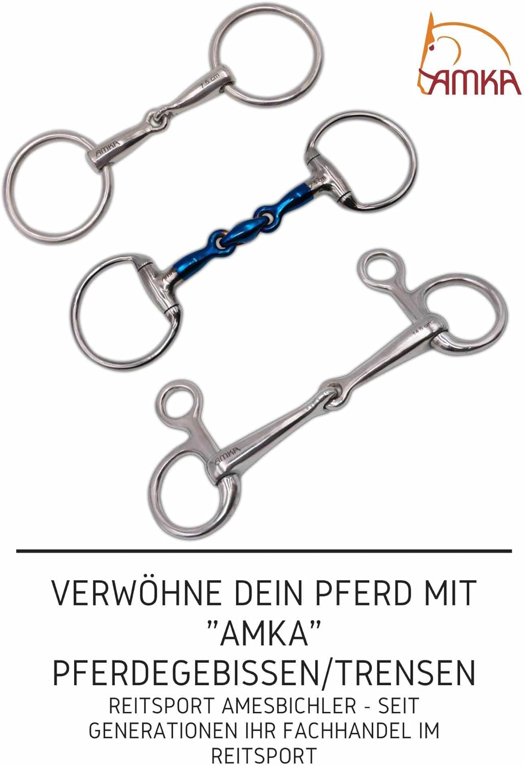 AMKA Knebeltrense Schenkeltrense doppelt gebrochen mit Kupferrolle Edelstahl Stärke 15 mm Ringe 45 m