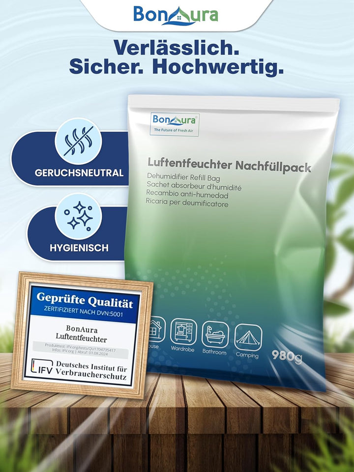BonAura® AirOne Max Luftentfeuchter Nachfüllpack I 6er Set 980g Luftentfeuchter Granulat I Entfeucht