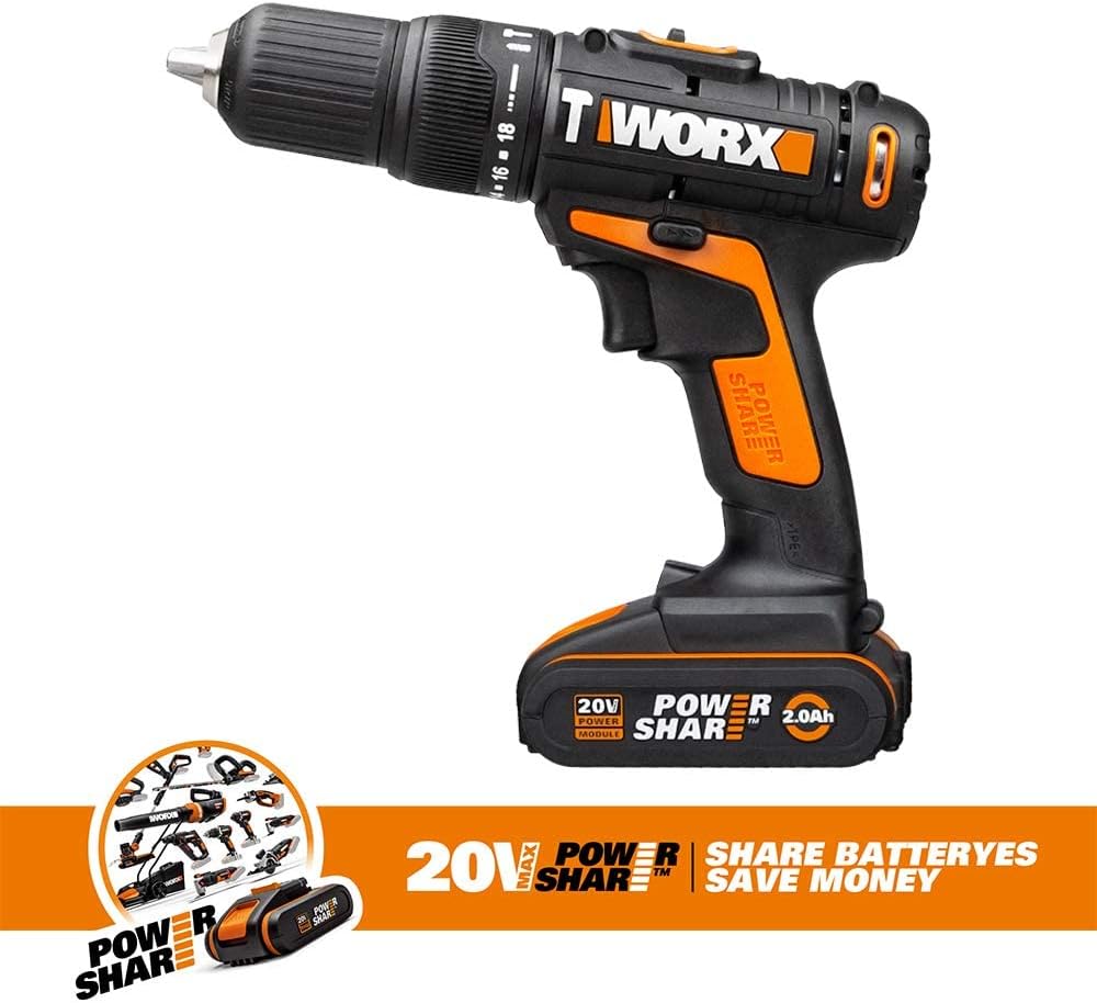 WORX 18V(20V MAX) Akku-Schlagbohrschrauber WX371, 2,0Ah, PowerShare, 2 Gänge, Koffer, 13mm Bohrfutte