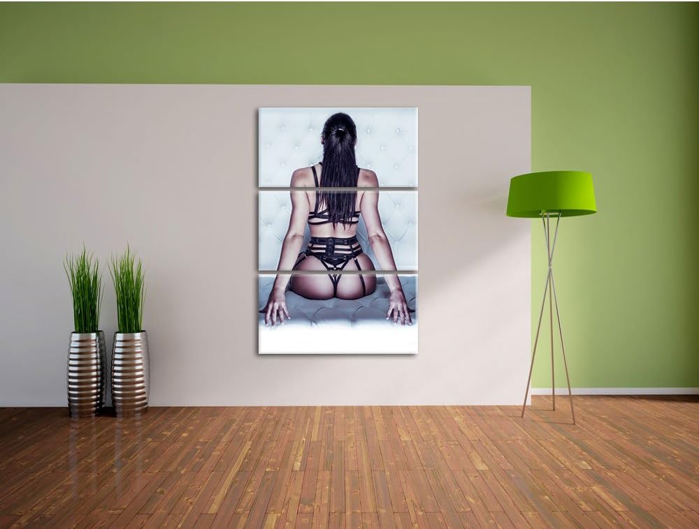 Pixxprint Brünette Frau in sexy Dessous 3-Teiler Leinwandbild 120x80 Bild auf Leinwand