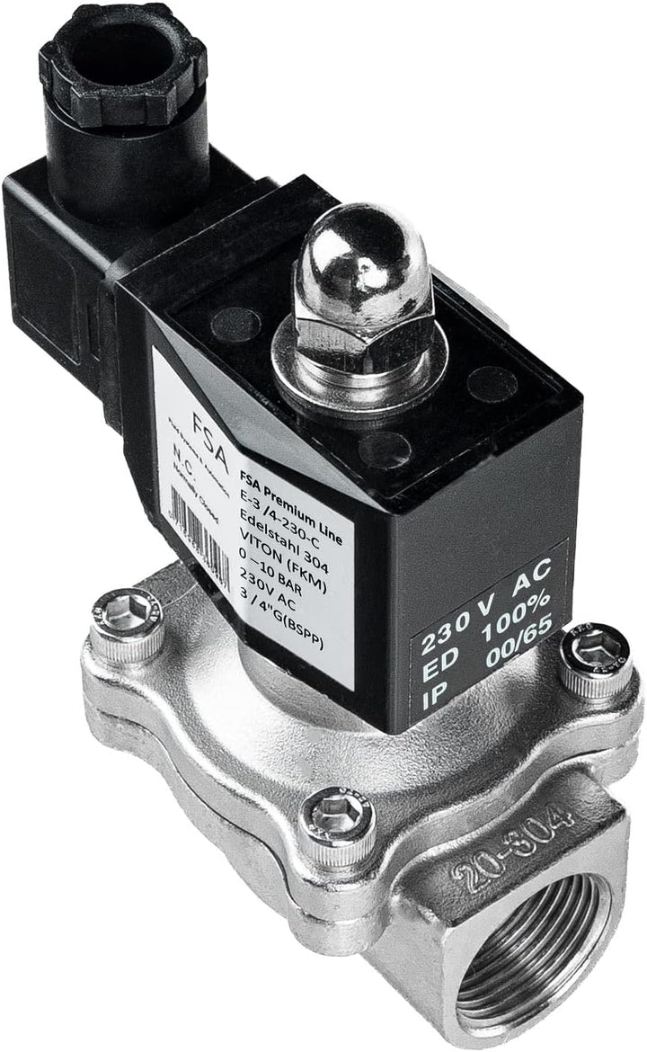 FSA Magnetventil Edelstahl 3/4" 230V AC 0-10 bar Viton stromlos geschlossen, 3/4" 230v Ac