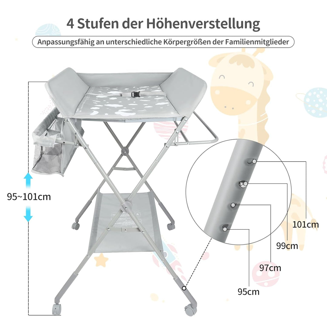 OHMG Baby Wickelkombi Klappbare Wickelkommode,Wickeltisch mit Rollen,Mobiler Wickeltisch mit Wickela