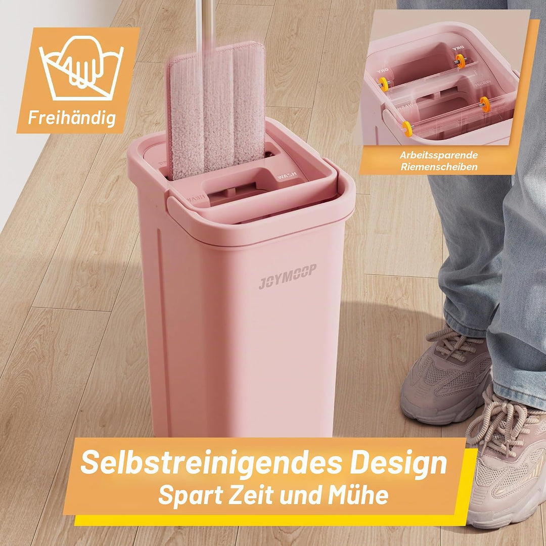 JOYMOOP Wischmopp und Eimer mit Auswringer-Set, freihändiger Flacher Bodenwischer und Eimer, 152,4 c