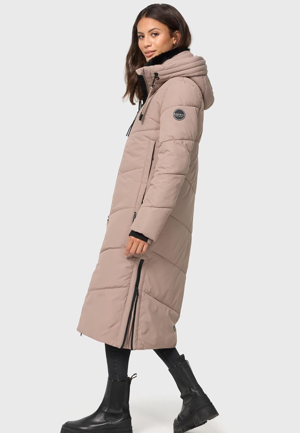 MARIKOO Damen Wintermantel warmer Steppmantel lang mit verstellbarer Kapuze und hohem Kragen Nadaree