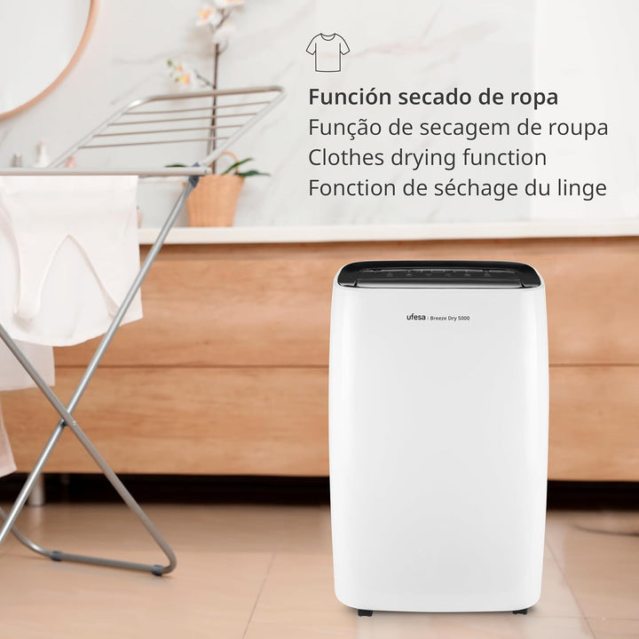 Ufesa Breeze Dry 5000 Luftentfeuchter 280W, 20L/24h, Leise 46dB mit Intuitivem Bedienfeld, Wäschetro
