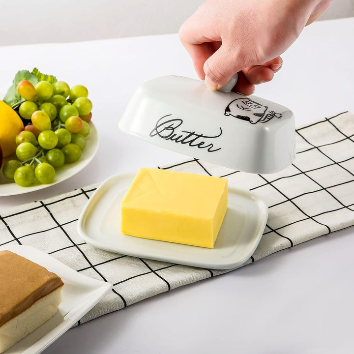Butterdose mit Griff für 250g Butter, Hochwertige Keramik, Weiss mit Schwarzem Katzenmuster, Porzell