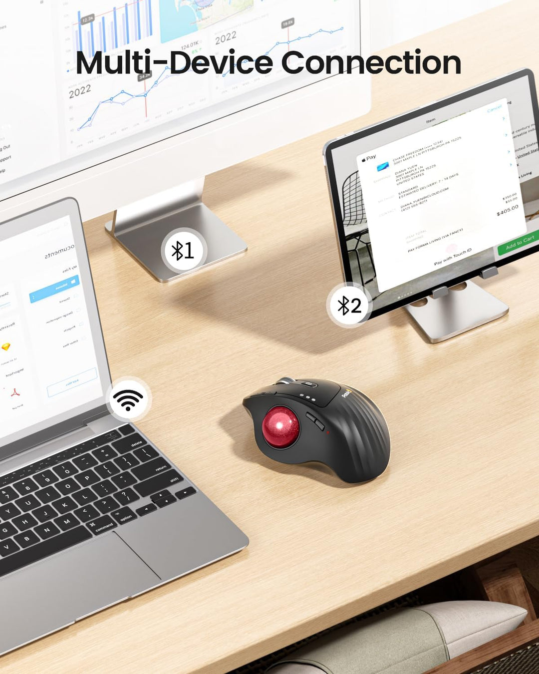 ProtoArc EM01 NL Trackball Maus Kabellos, 2.4G USB & 2*Bluetooth, Daumensteuerung, Verstellbarer Win