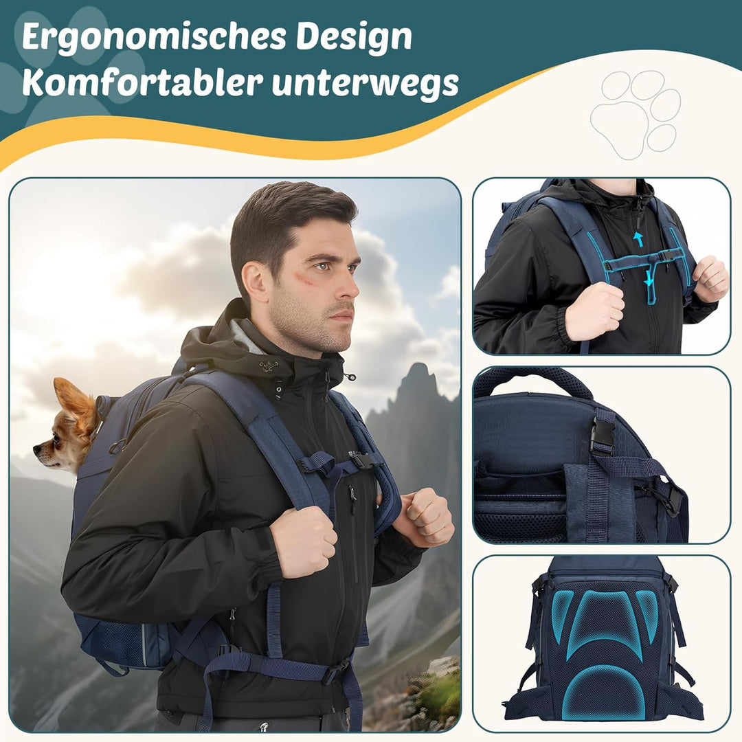 Hunderucksack Wandern bis 8KG, Ergonomischer Katzenrucksack mit Laptopfach &amp; Bequemes Sitzkissen, be