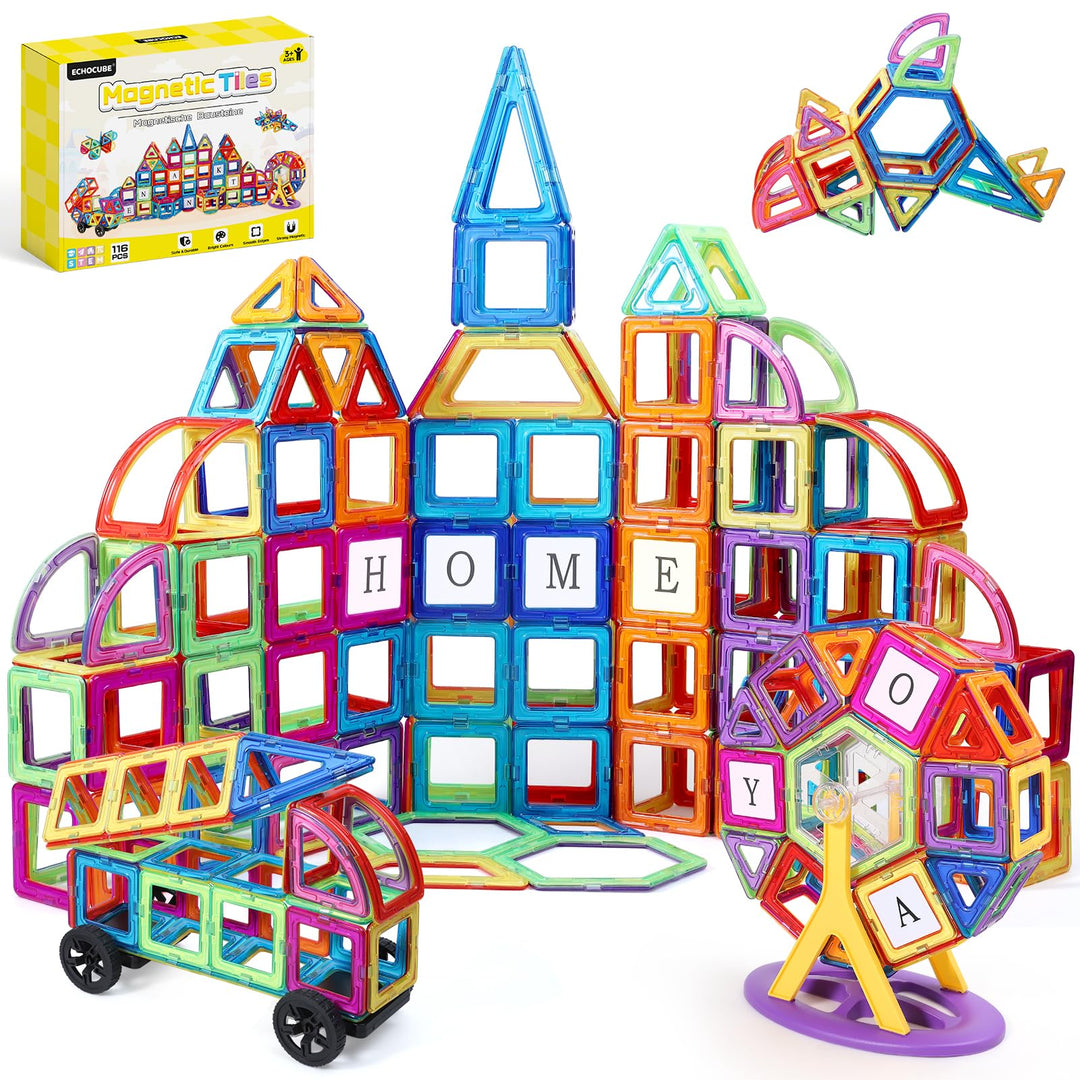 ECHOCUBE Magnetische Bauklötze für Kinder 116PC Set - Bauklötze, STEM Konstruktionsspielzeug mit leu