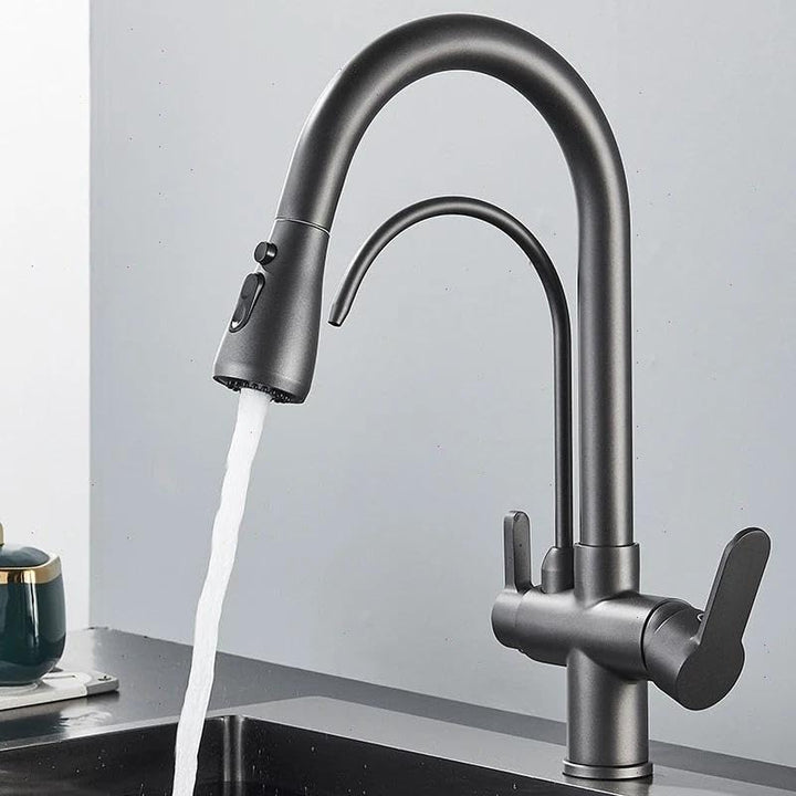 3 Wege Küchenarmatur mit Ausziehbarer Brause Edelstahl Grau, 3 in 1 Mischbatterie Trinkwasserhahn Kü