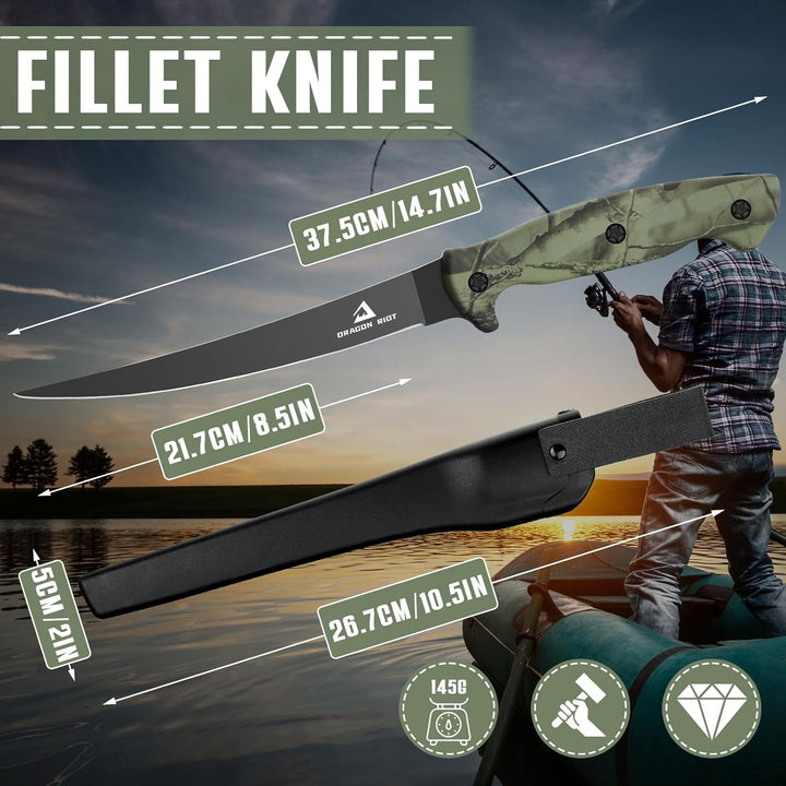 DRAGON RIOT Filetiermesser Fisch 21.5CM, Edelstahl Fischmesser mit Anti-Rutsch-Griff, Scharfes Outdo