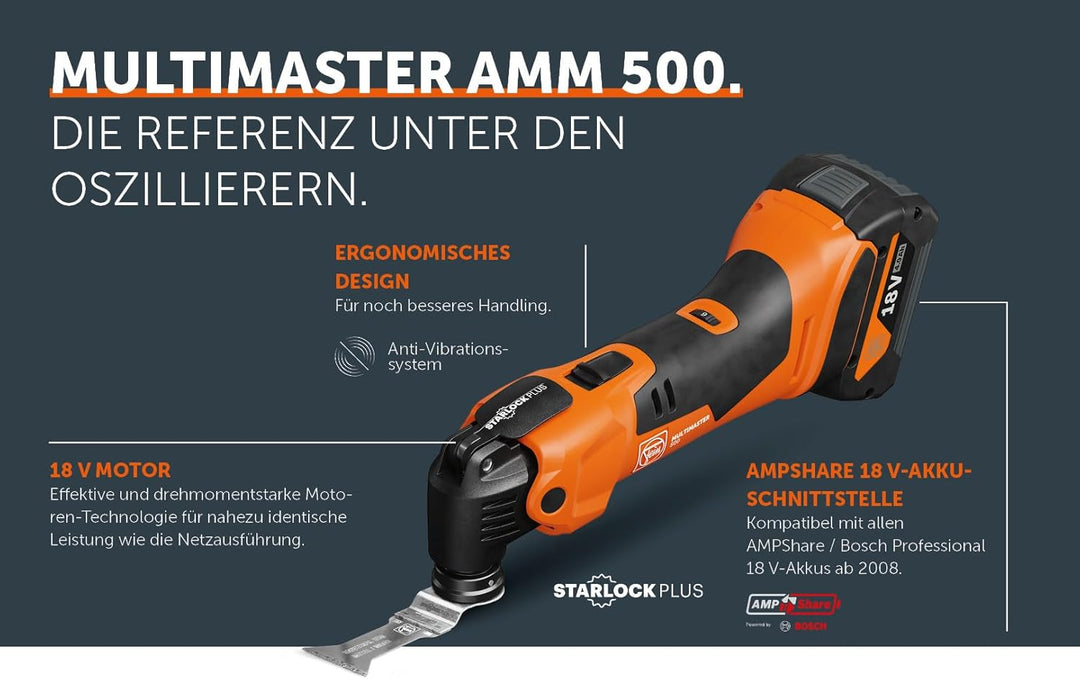 Fein Akku Multimaster AMM 500 Plus AS (18 V, ohne Akku, AMPShare, Multitool StarlockPlus, inkl. Bi-M
