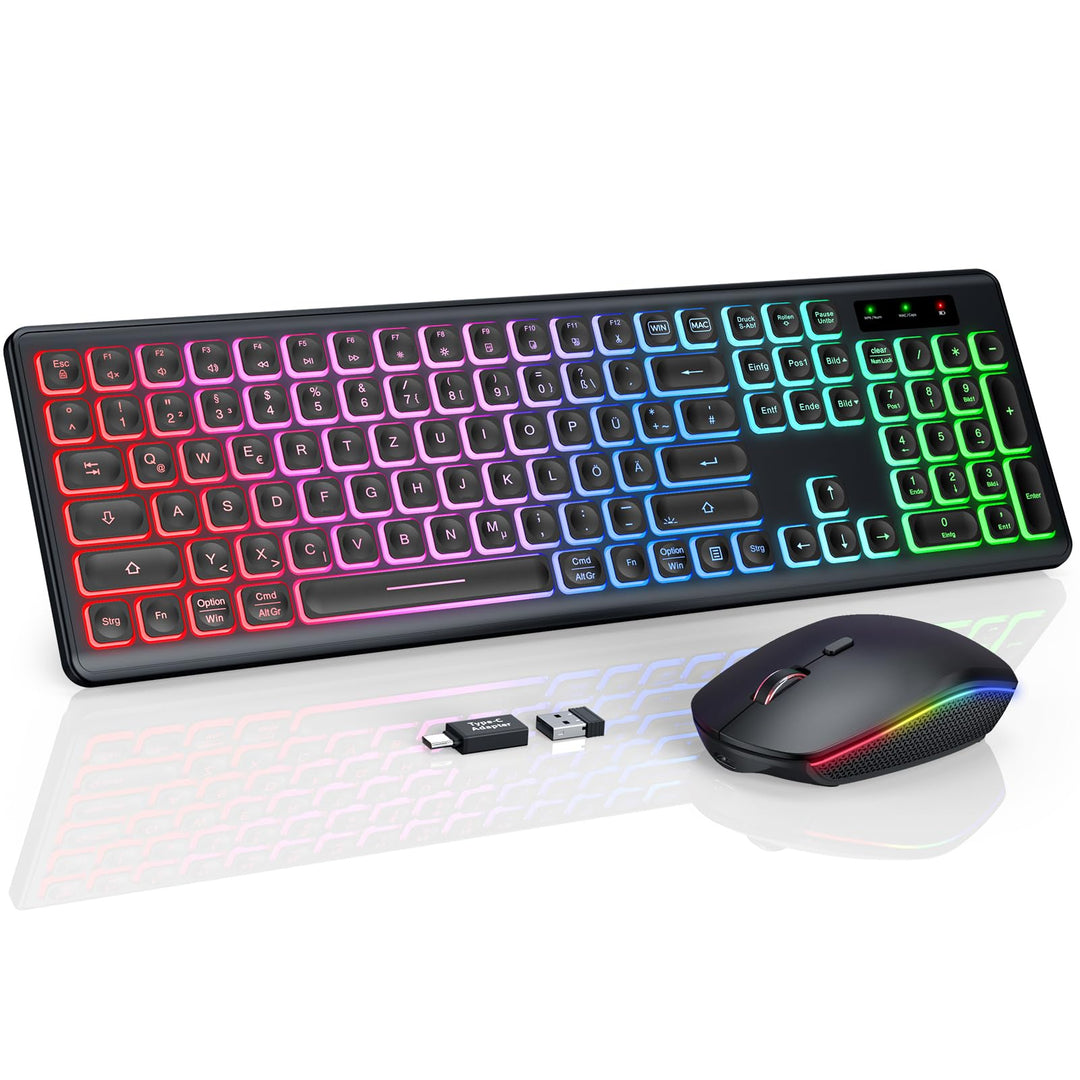 Tastatur Maus Set Kabellos Beleuchtete, wiederaufladbar & Automatischer Schlaf, verstellbare Höhe, 2
